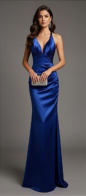 VESTIDO PRADA COM ESLATANO ALCINHA COM AMARRAÇÃO NAS COSTAS BUSTO DRAPEADO CINTURA MARCADA AZUL BIC