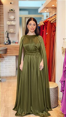 VESTIDO LONGO MICROTUILE COM BRILO COM MANGA CAPA  VERDE OLIVA