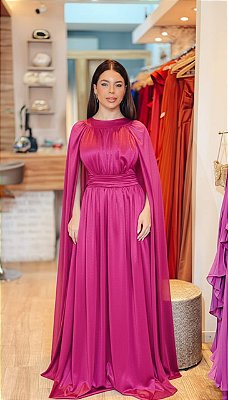 VESTIDO LONGO MICROTUILE COM BRILO COM MANGA CAPA  FUCSIA