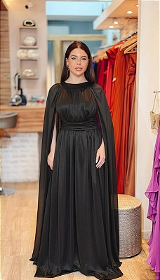 VESTIDO LONGO MICROTUILE COM BRILO COM MANGA CAPA  PRETO