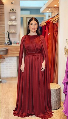 VESTIDO LONGO MICROTUILE COM BRILO COM MANGA CAPA  MARSALA