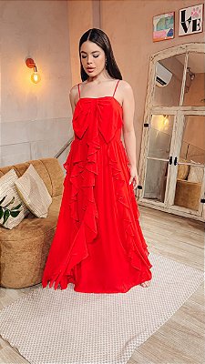 VESTIDO CHIFFON COM DETALHE LAÇO NO BUSTO E BABADOS VERTICAIS  VERMELHO