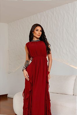 VESTIDO LONGO GOLA ALTA COM BORDADO DETALHE BABADO VERTICAL DOS LADOS MARSALA