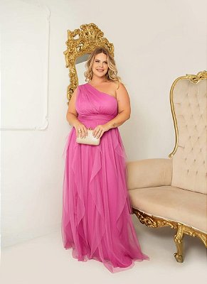 VESTIDO LONGO MICROTULE UM OMBRO SÓ PALA CINTURA SAIA EM CAMADAS VERTICAIS COM VOLUME PINK