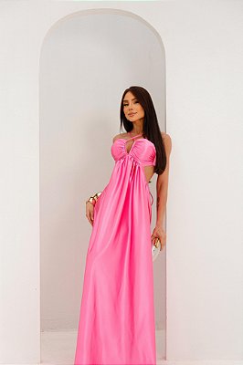VESTIDO LONGO FRENTE ÚNICA CETIM COM AMARRAÇÃO NAS COSTAS PINK