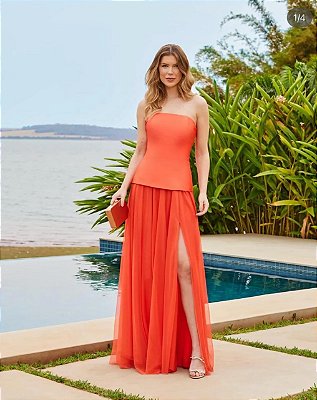 VESTIDO ZIBELINE CINTURA BAIXA COM MICROTULE SAIA LARANJA