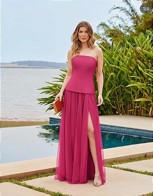 VESTIDO ZIBELINE CINTURA BAIXA COM MICROTULE SAIA PINK