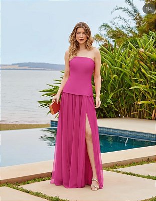 VESTIDO ZIBELINE CINTURA BAIXA COM MICROTULE SAIA FUCSIA