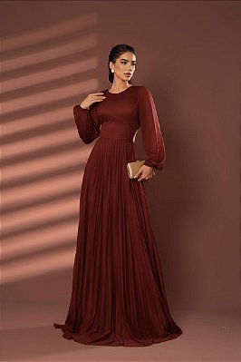 VESTIDO LONGO MANGA LONGA LUREX PLISSADO MARSALA