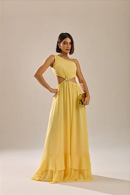 VESTIDO LONGO OMBRO SÓ COM DETALHE FLOR ABAIXO DO BUSTO SAIA COM CAMADAS AMARELO MANTEIGA