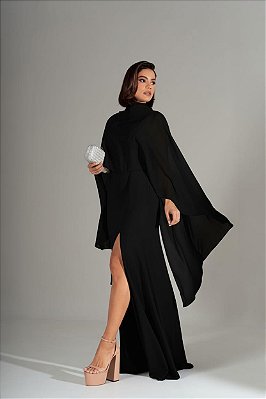 VESTIDO CREPE ALCINHA COM DECOTE V CAPA GOLA ALTA PRETO