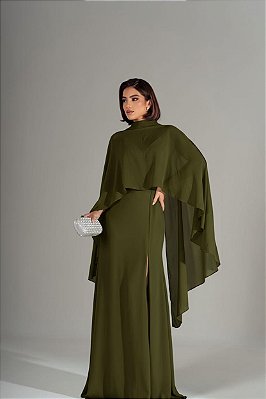 VESTIDO CREPE ALCINHA COM DECOTE V CAPA GOLA ALTA VERDE OLIVA