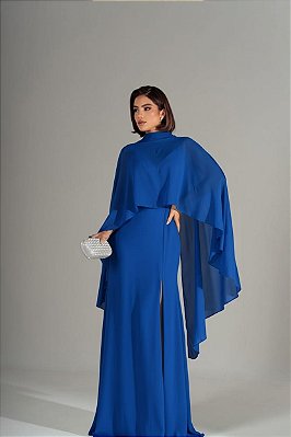 VESTIDO CREPE ALCINHA COM DECOTE V CAPA GOLA ALTA AZUL ROYAL