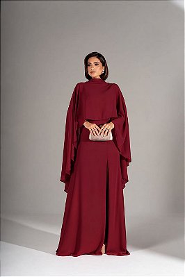 VESTIDO CREPE ALCINHA COM DECOTE V CAPA GOLA ALTA MARSALA