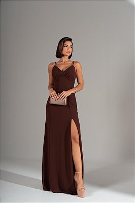 VESTIDO CREPE ALCINHA COM DECOTE V CAPA GOLA ALTA MARSALA