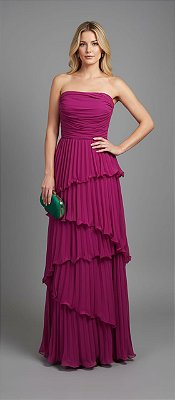 VESTIDO CHIFFON PLISSADO COM CAMADAS FUCSIA