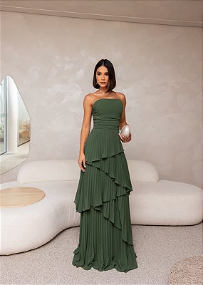 VESTIDO CHIFFON PLISSADO COM CAMADAS VERDE OLIVA