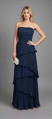 VESTIDO CHIFFON PLISSADO COM CAMADAS AZUL MARINHO