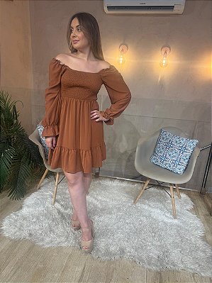 VESTIDO CURTO COM MANGA DETALHE LASTEX NO BUSTO E COSTAS MARROM