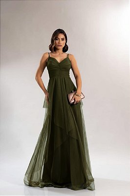 VESTIDO MICROTULE DE ALCINHA COM BUSTO DRAPEADO E SAIA COM CAMADAS VERDE OLIVA