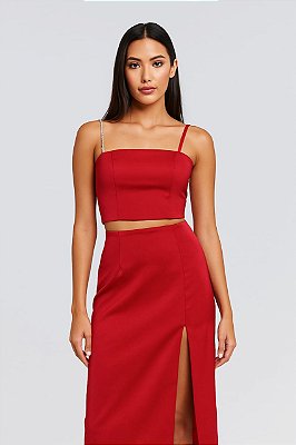 CONJUNTO CETIM CROPPED E SAIA ALÇA COM BRILHO VERMELHO