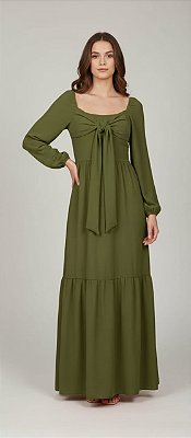 VESTIDO MIDI COM MANGA DETALHE LAÇO NO BUSTO VERDE OLIVA