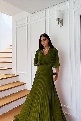 VESTIDO LONGO PLISSADO COM MANGA PLUSADA A VERDE OLIVA