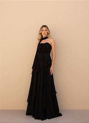 VESTIDO LONGO CHIFFON COM ECHARPE DETALHE PEPLUM COM CAMADAS PRETO