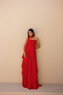 VESTIDO LONGO CHIFFON COM ECHARPE DETALHE PEPLUM COM CAMADAS VERMELHO