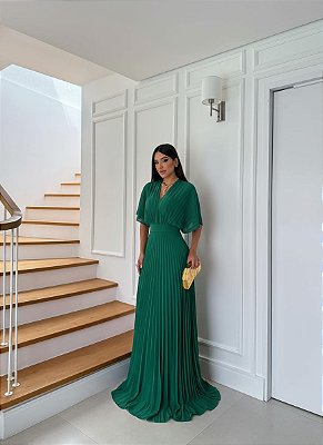 VESTIDO LONGO PLISSADO COM MANGA PLUSADA A VERDE ESMERALDA