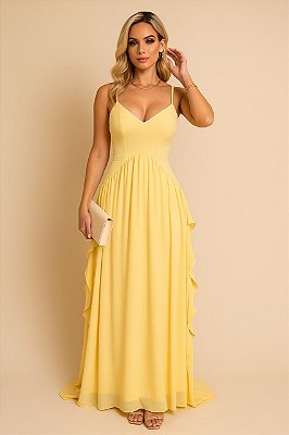 VESTIDO LONGO ALCINHA CHIFFON BABADOS NA LATERAL COM DECOTE V AMARELO