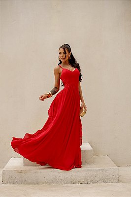 VESTIDO LONGO ALCINHA CHIFFON BABADOS NA LATERAL COM DECOTE V VERMELHO