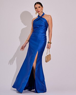 VESTIDO ZIBELINE LONGO GOLA TRANSPASSADA EFEITO DRAPEADO SOBRE O BUSTO AZUL ROYAL