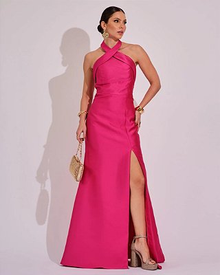 VESTIDO ZIBELINE LONGO GOLA TRANSPASSADA EFEITO DRAPEADO SOBRE O BUSTO PINK