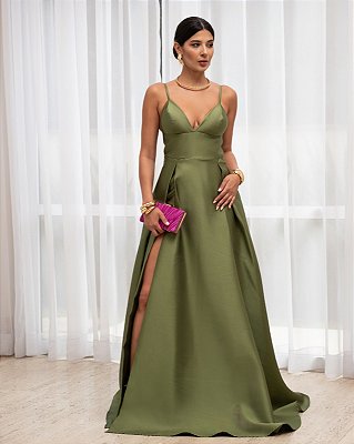 VESTIDO ZIBELINE LONGO ALCINHA COM SAIA AMPLA  E ESTRUTURADA DECOTE V VERDE OLIVA