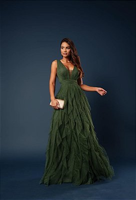 VESTIDO LONGO MICROTULE COM BRILHO SAIA EM CAMADAS VERTICAIS ALÇA LARGA  VERDE OLIVA