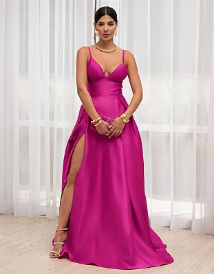 VESTIDO ZIBELINE LONGO ALCINHA COM SAIA AMPLA  E ESTRUTURADA DECOTE V FUCSIA