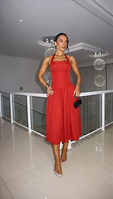 VESTIDO MIDI FRENTE ÚNICA DECOTE RETO CINTURA BAIXA MODELADA VERMELHO