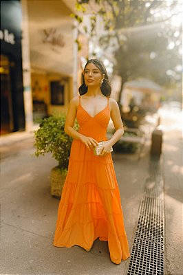 VESTIDO LONGO CHIFFON DECOTE V SAIA BABADINHO LARANJA