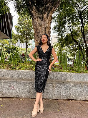 VESTIDO MIDI PAETÊ DECOTE V COSTAS VAZADA COM AMARRAÇÃO PRETO