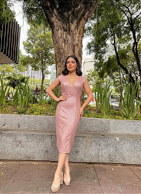 VESTIDO MIDI PAETÊ DECOTE V COSTAS VAZADA COM AMARRAÇÃO ROSE