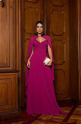 VESTIDO LONGO CHIFFON PLISSADO ALCINHA CAPA FUCSIA