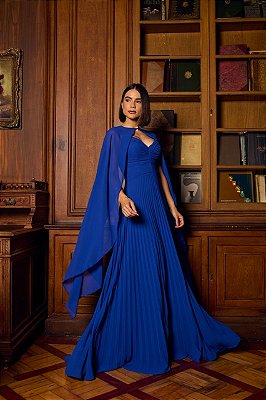 VESTIDO LONGO CHIFFON PLISSADO ALCINHA CAPA AZUL ROYAL