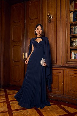VESTIDO LONGO CHIFFON PLISSADO ALCINHA CAPA AZUL MARINHO