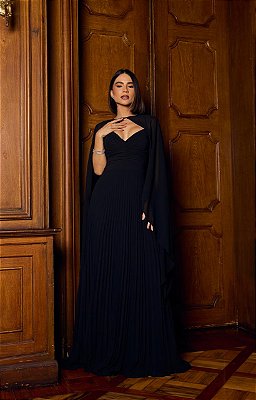 VESTIDO LONGO CHIFFON PLISSADO ALCINHA CAPA PRETO