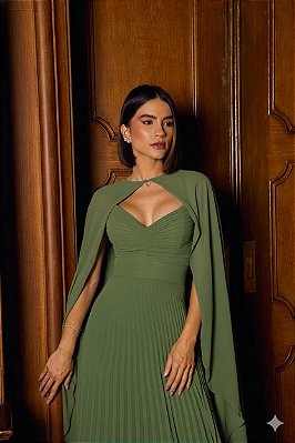 VESTIDO LONGO CHIFFON PLISSADO ALCINHA CAPA VERDE OLIVA
