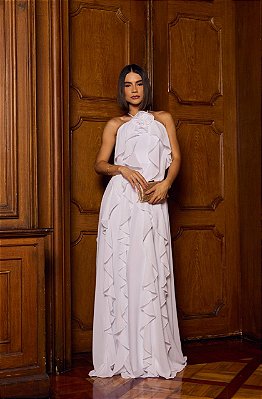 VESTIDO LONGO CHIFFON FRENTE ÚNICA COM BABADOS VERTICAIS E DETALHE FLOR  FLOR BRANCO