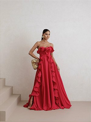 VESTIDO LONGO COM DECOTE EM FORMATO DE PÉTALAS COM BABADÕES VOLUMOSOS VERMELHO