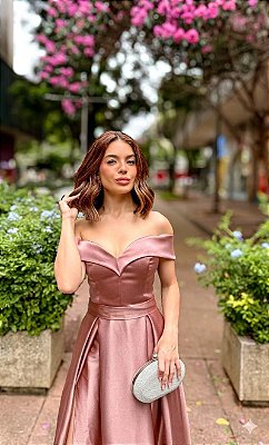 VESTIDO LONGO ZIBELINE ACETINADO OMBRO A OMBRO ACINTURADO DECOTE CORAÇÃO AMARELO