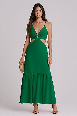 VESTIDO LONGO CREPE DECOTE V COM ARGOLA AMARRAÇÃO NAS COSTAS SAIA LISA VERDE BANDEIRA
